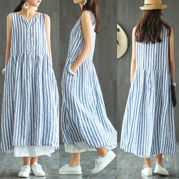 Zanzea Dresses & Skirts - Sleeveless Striped Baggy Dress - Blue+White L